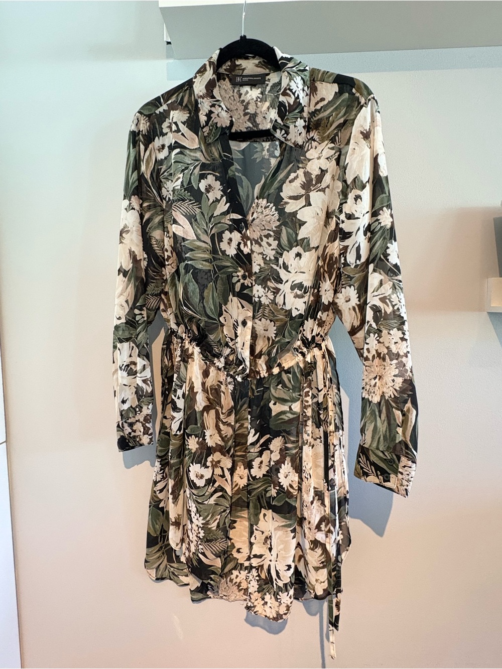 INC International Concepts Olive & Cream Floral Tie-Waist Shirt Dress